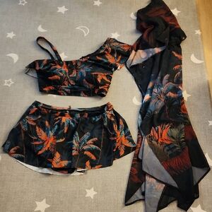 Torrid Size 2 Swim Suit & Cover Black, Orange, Teal Palm Trees, Giraffe Print